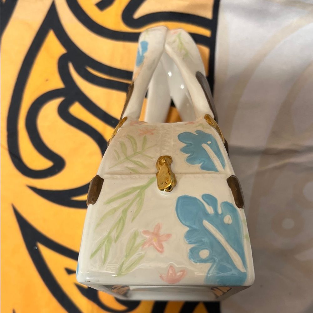 Russ Berrie Ceramic Mini Bag Bank with Blue and Pink Floral Design - Picture 3 of 9